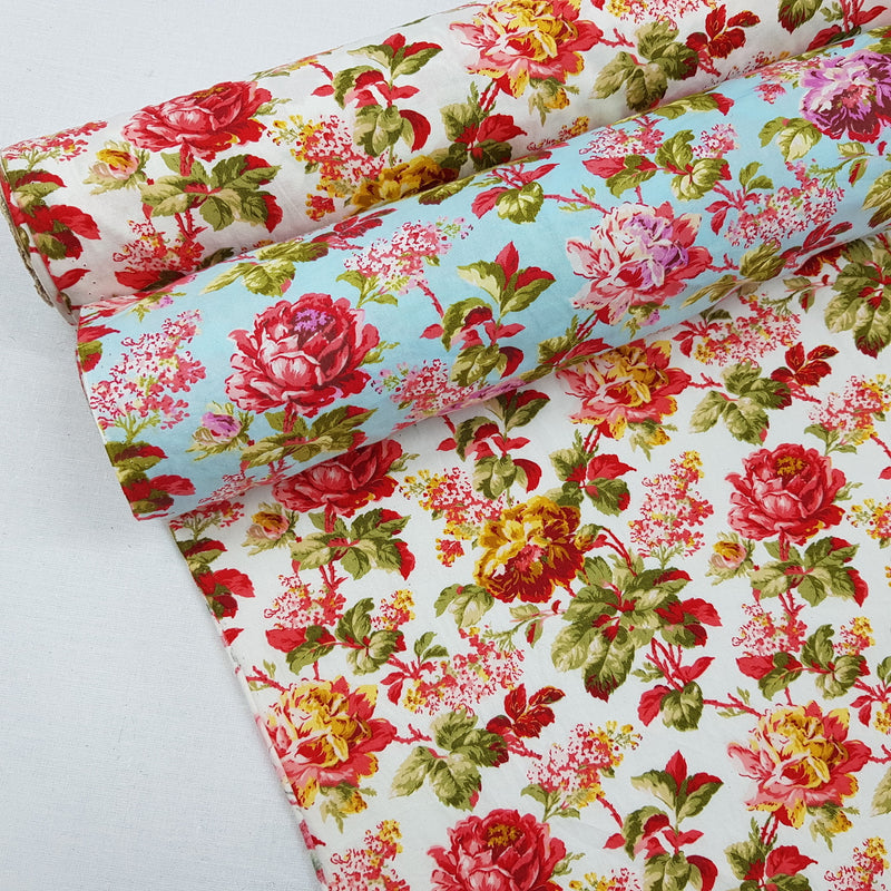 Garden Floral Flowers Rose & Hubble Cotton Poplin Fabric