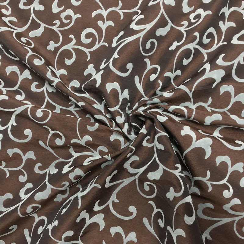 Duck Egg Floral Velvet Flock Taffeta Fabric, Brown