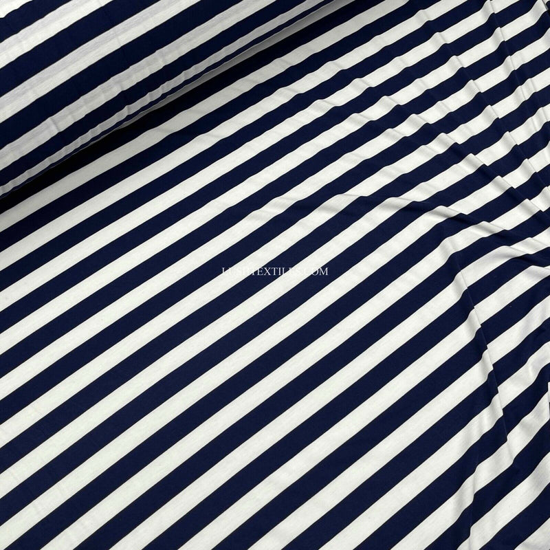 1" Navy & White Sailors Stripe Cotton Jersey Stretch Dress Fabric French Navy