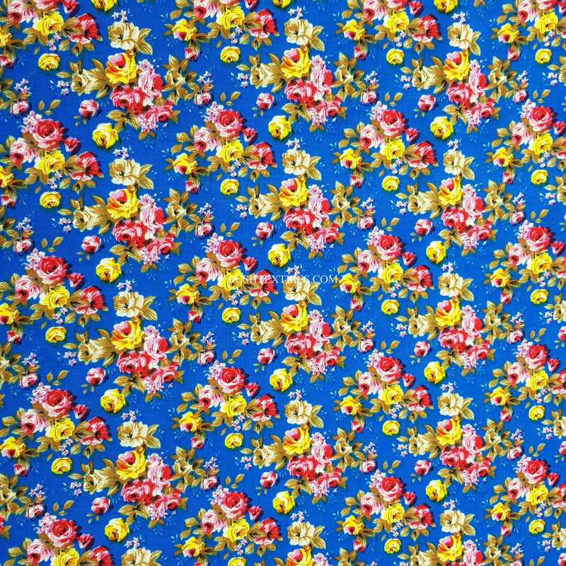 Tissu 100% Viscose Floral Roses pour Robe, Bleu