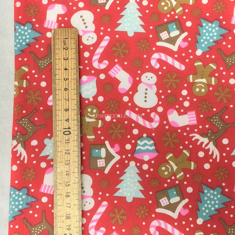 Christmas Party Polycotton Fabric, Red