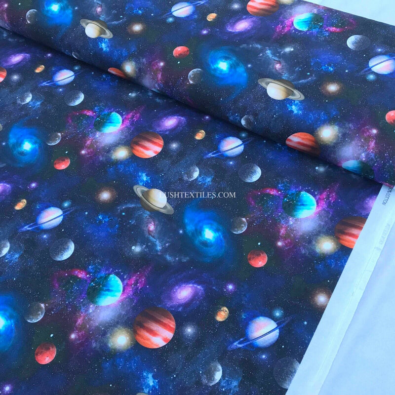 100% Cotton Fabric SPACE GALAXY UNIVERSE PLANET STARS Childrens Kids Material