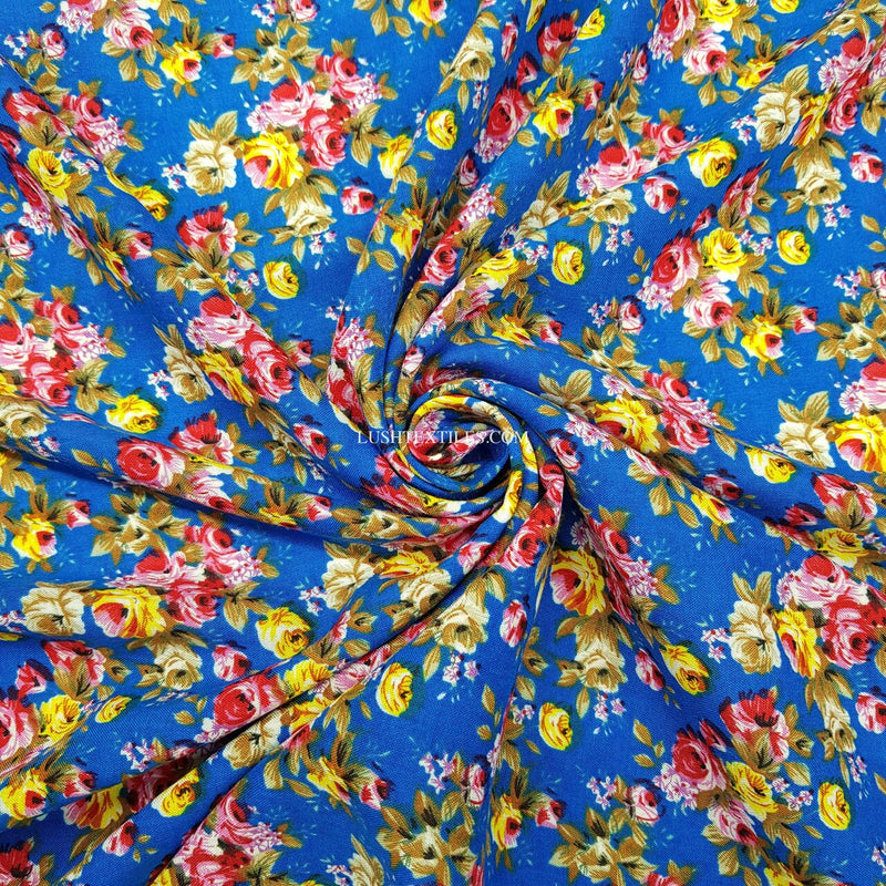 Tissu 100% Viscose Floral Roses pour Robe, Bleu