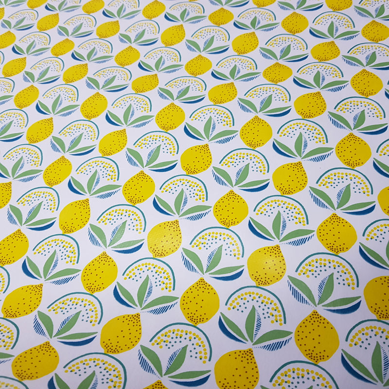 Au mètre Jaune Citrons PVC, Blanc