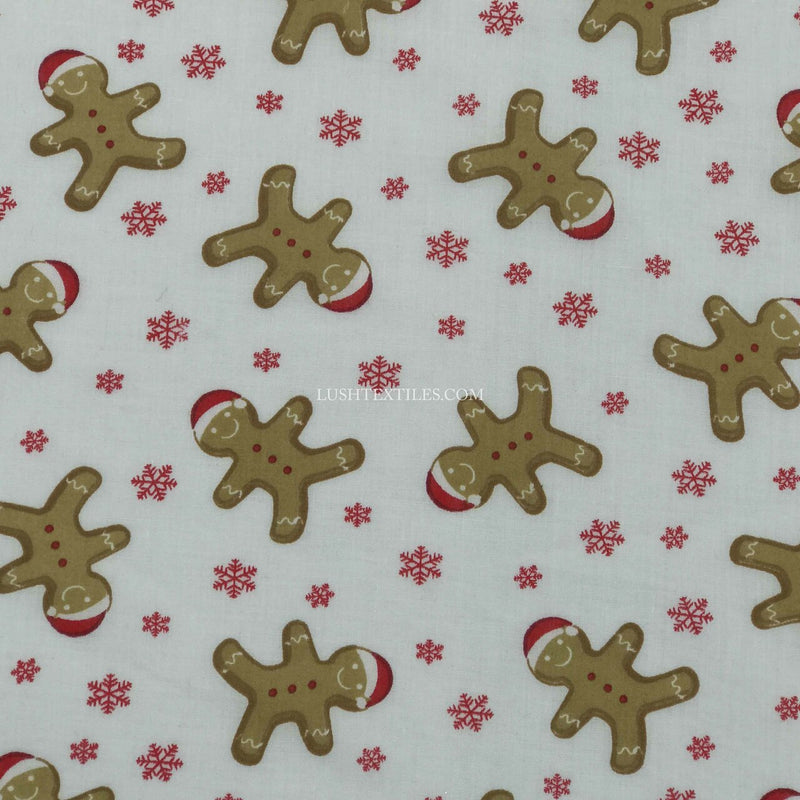 Gingerbread Man & Snowflakes Christmas Polycotton Fabric, White