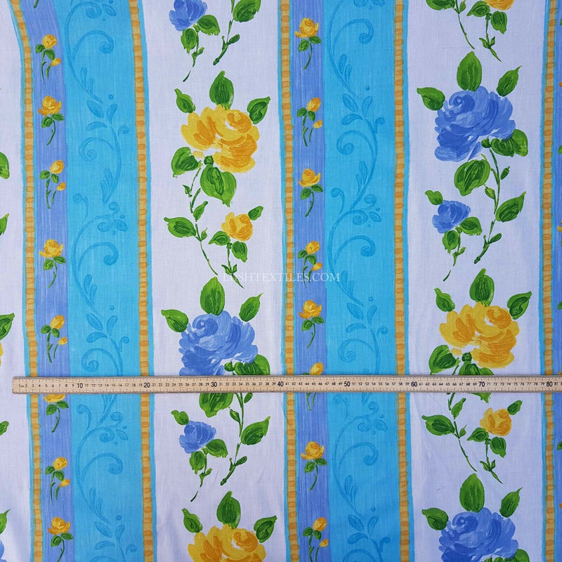 Blue Floral ROSES Striped Poly Cotton Sheeting Fabric NHS Bedspread Duvet Crafts