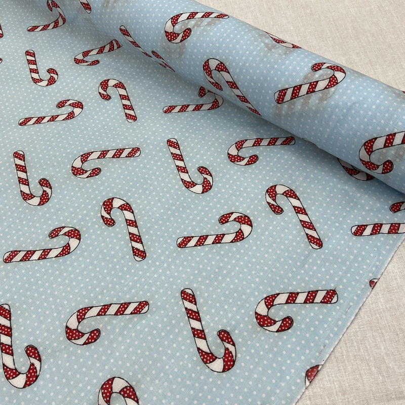 Candy Cane Christmas Polycotton Fabric, Sky