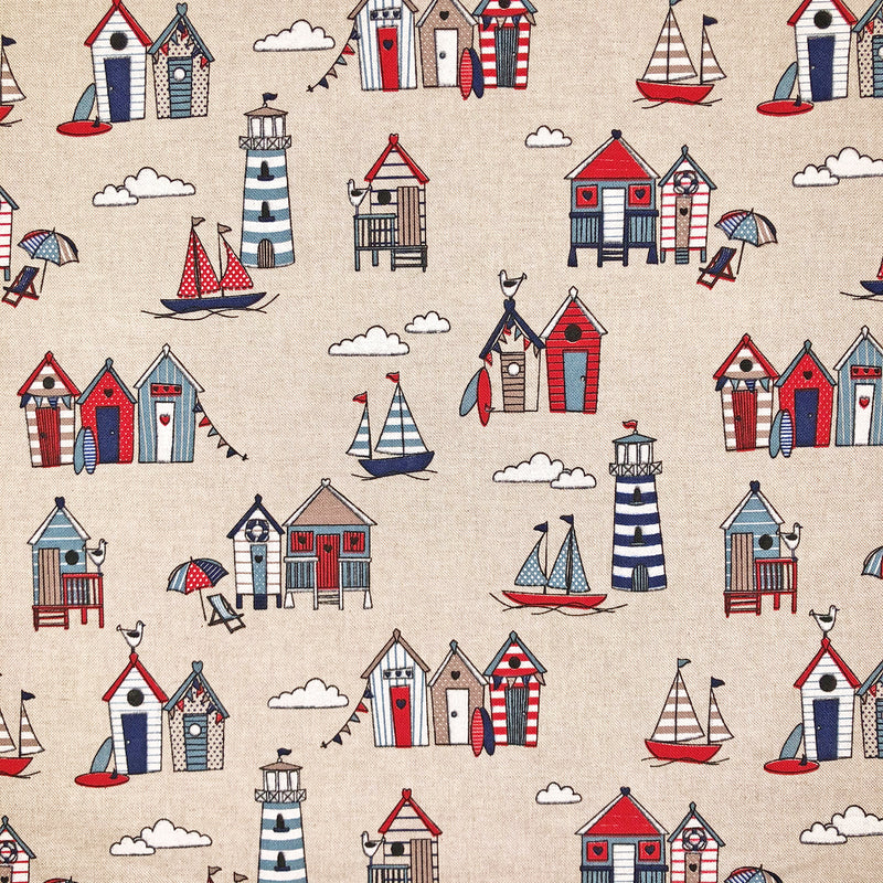 Beach Huts Print Cotton Rich Linen Craft Curtain Fabric