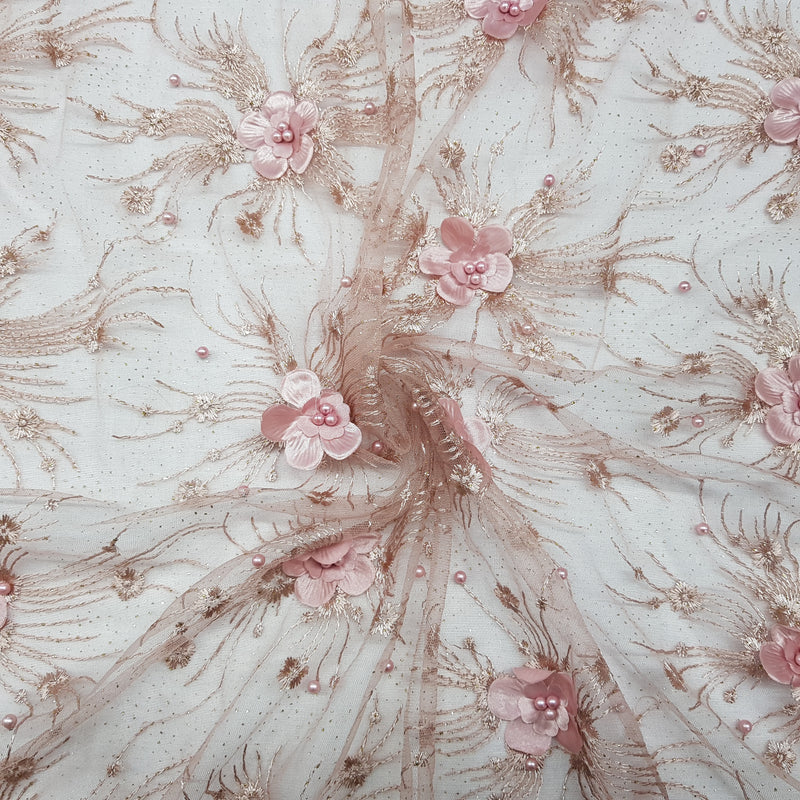 Embroidery 3D Rose & Pearl Lace Net Dress Fabric