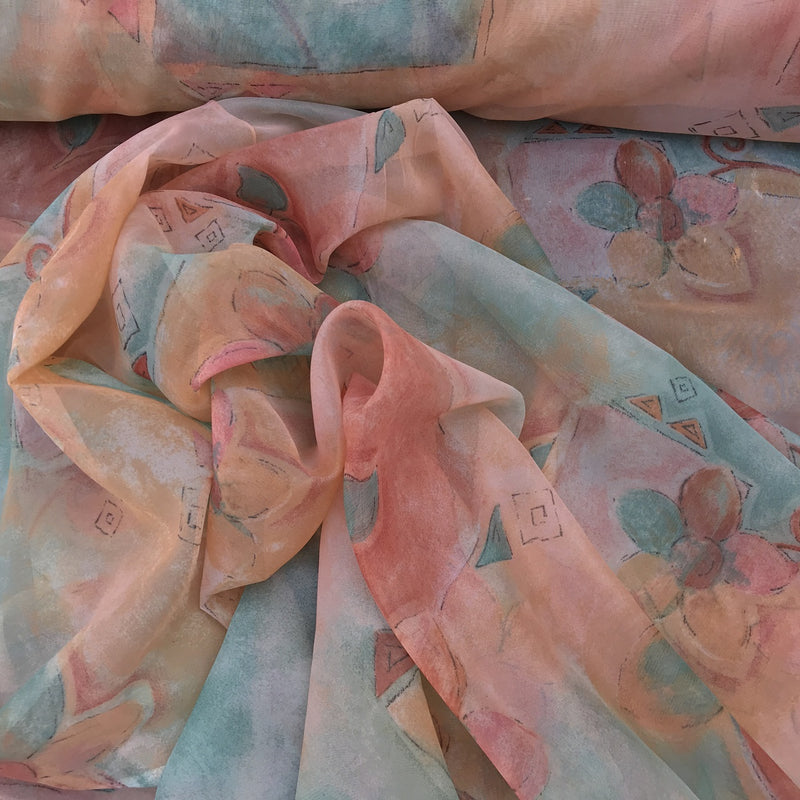 Floral Abstract Voile Fabric, Peach