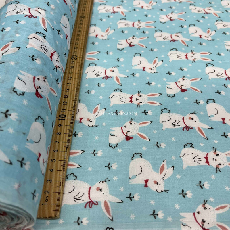 Bunny Rabbits Floral Poly Cotton Craft Fabric, Sky