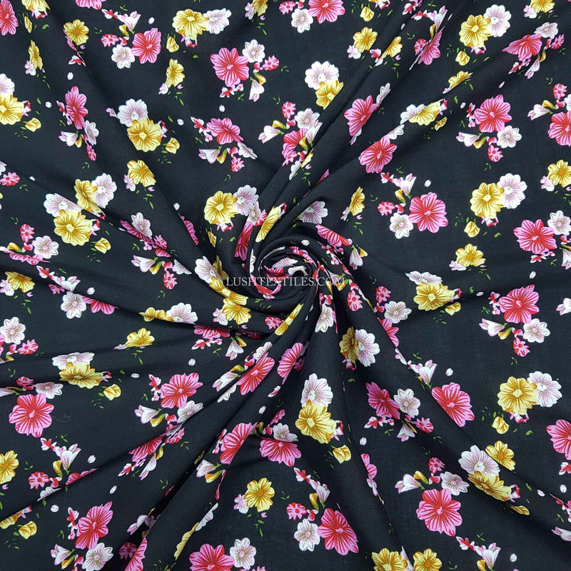 100% Viscose Jasmine Floral Flowers Dress Fabric, Black