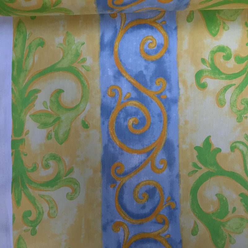 Damask Cotton Vintage Print Fabric, Yellow/Green