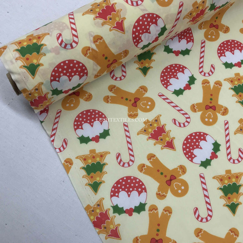 Christmas Pudding & Gingerbread Men Polycotton Fabric, Cream