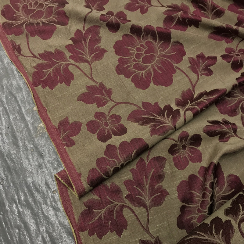 Tissu de brocart de rideau d'ameublement à fleurs rose cerise, marron