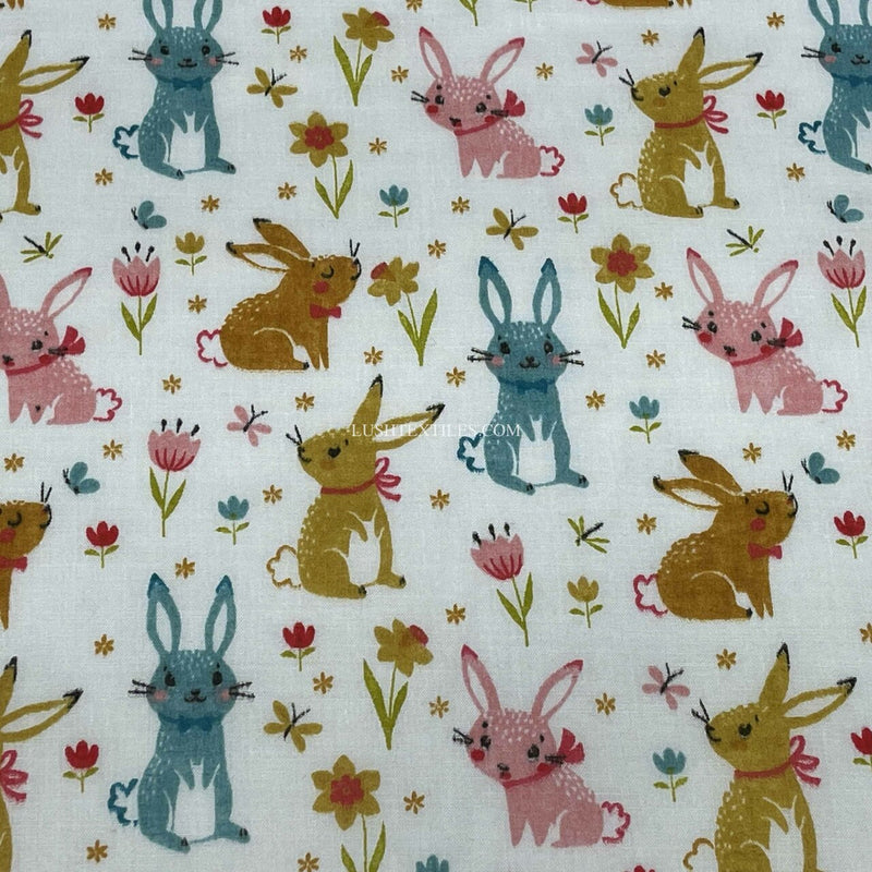 Colourful Bunny Rabbits Poly Cotton Craft Fabric, White