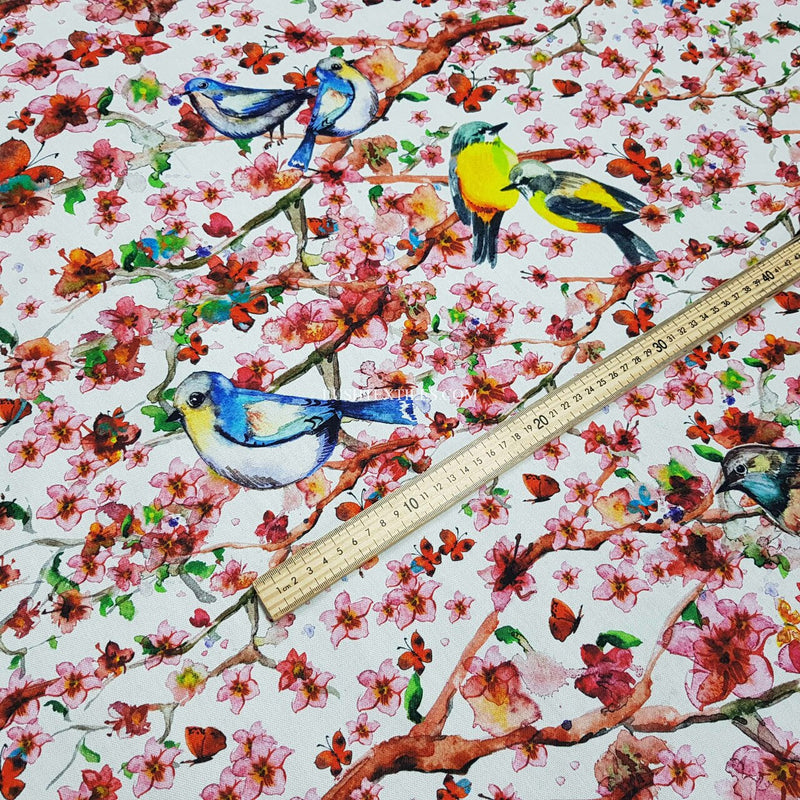 Tissu en coton à impression numérique de brindilles et d'oiseaux en fleurs