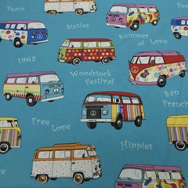 Camper Vans Hippie Print Fabric, Turquoise