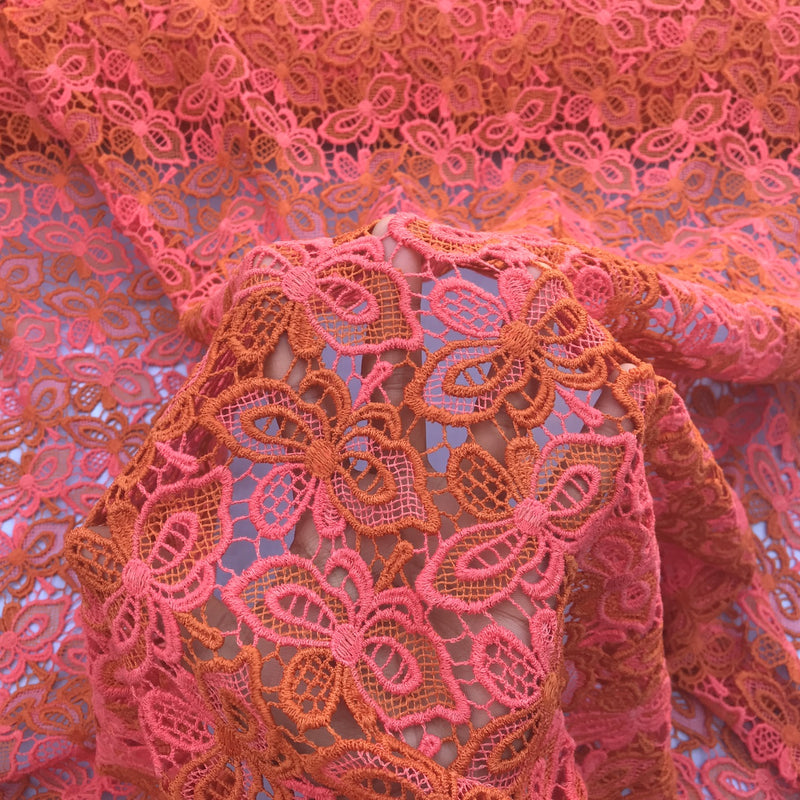 Butterfly Heavy Cotton Lace African Bridal Fabric, Orange/Pink