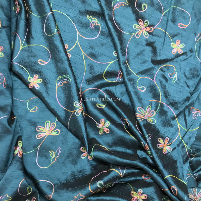 Floral Thread Embroidered Taffeta Fabric, Teal