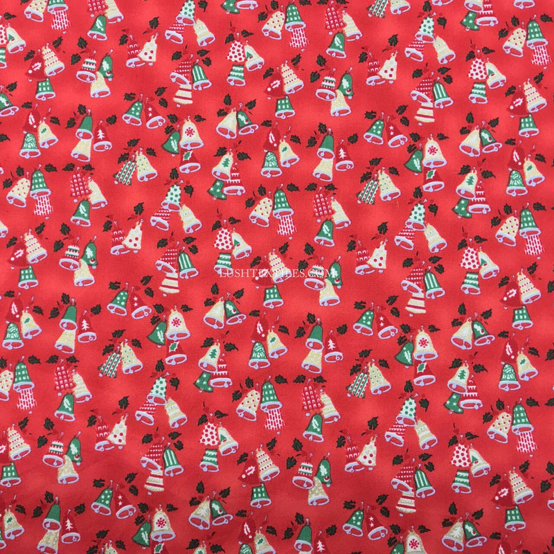 Christmas Bells Xmas Print Cotton Fabric, Red