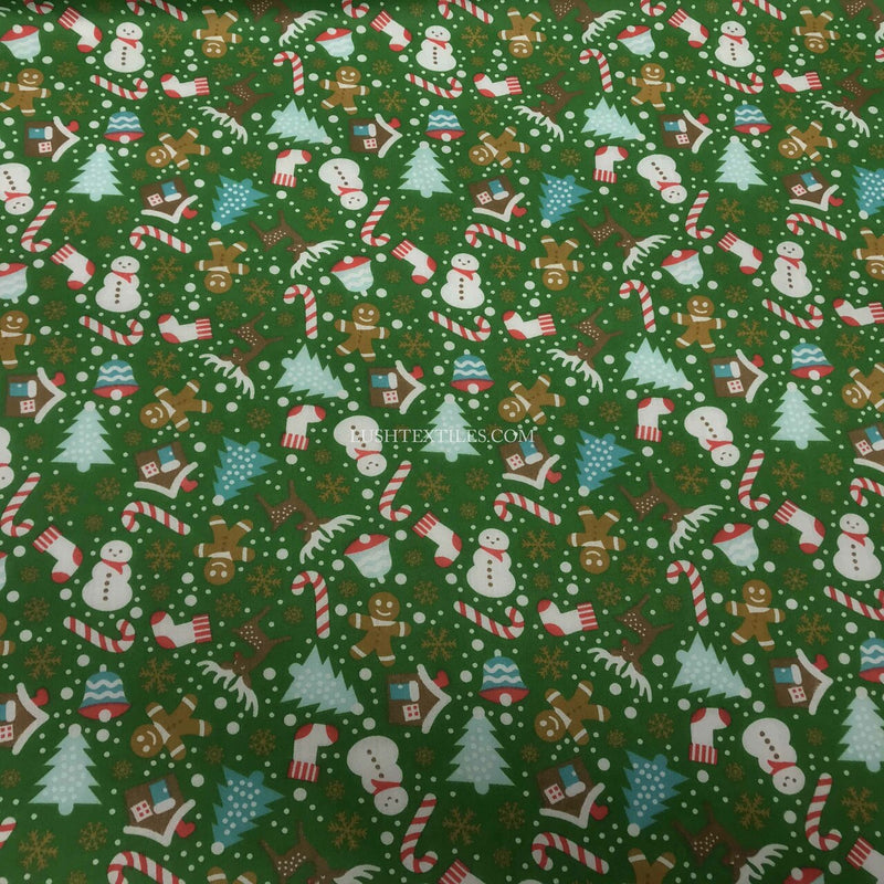 Tissu polycoton fête de Noël, vert