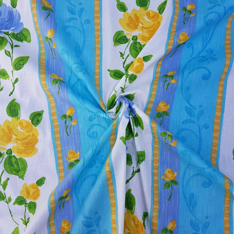 Blue Floral ROSES Striped Poly Cotton Sheeting Fabric NHS Bedspread Duvet Crafts