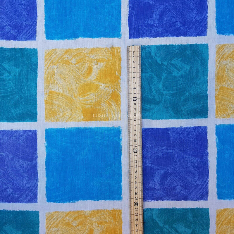 Blue & Yellow Squares Poly Cotton Sheeting Fabric NHS SCRUBS Crafts 200cm WIDE