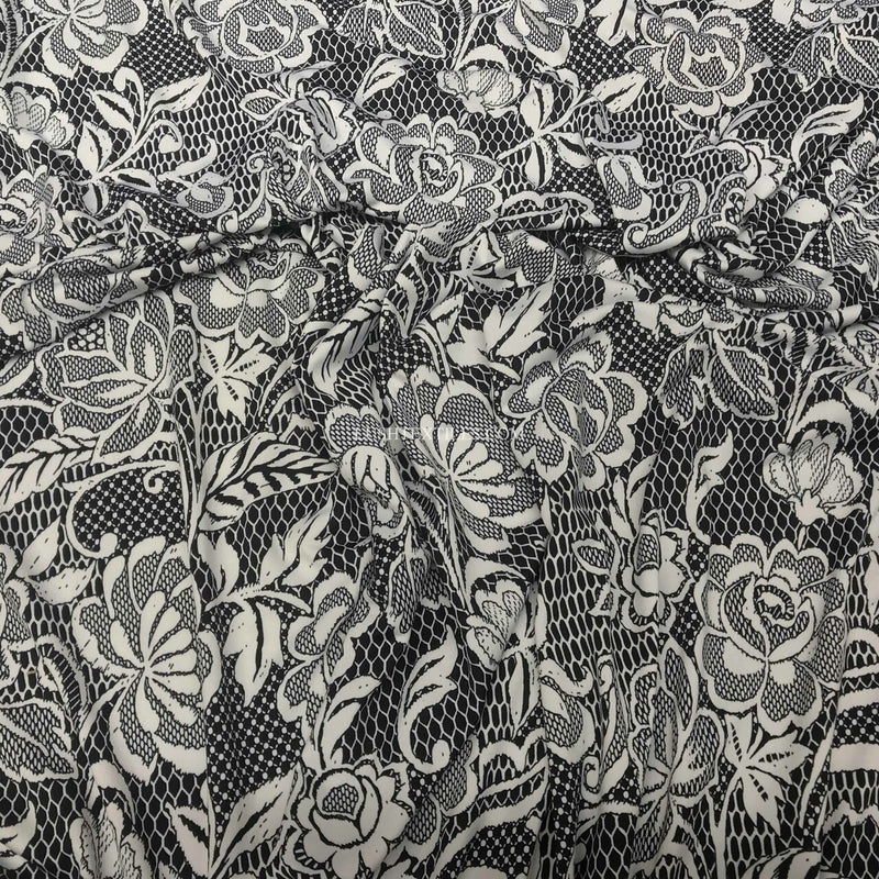 Tissu pour robe en lycra à fleurs florales, noir/blanc