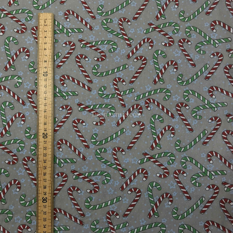 Candy Cane Christmas Polycotton Fabric, Grey