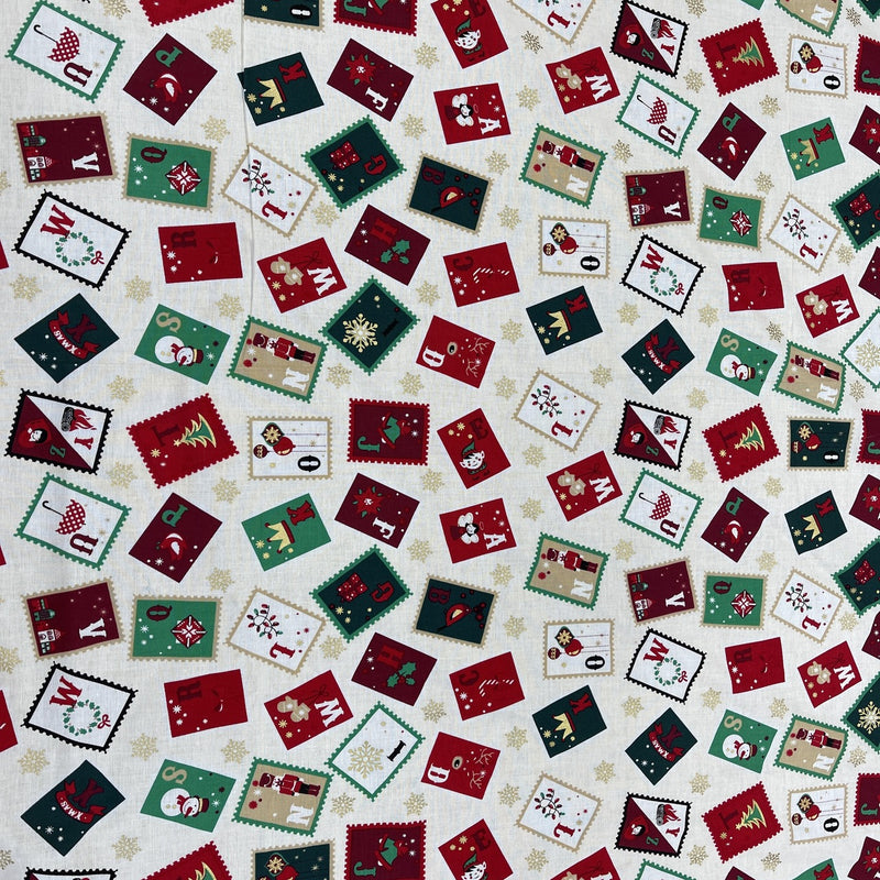 Christmas Stamps Cotton Fabric, Cream