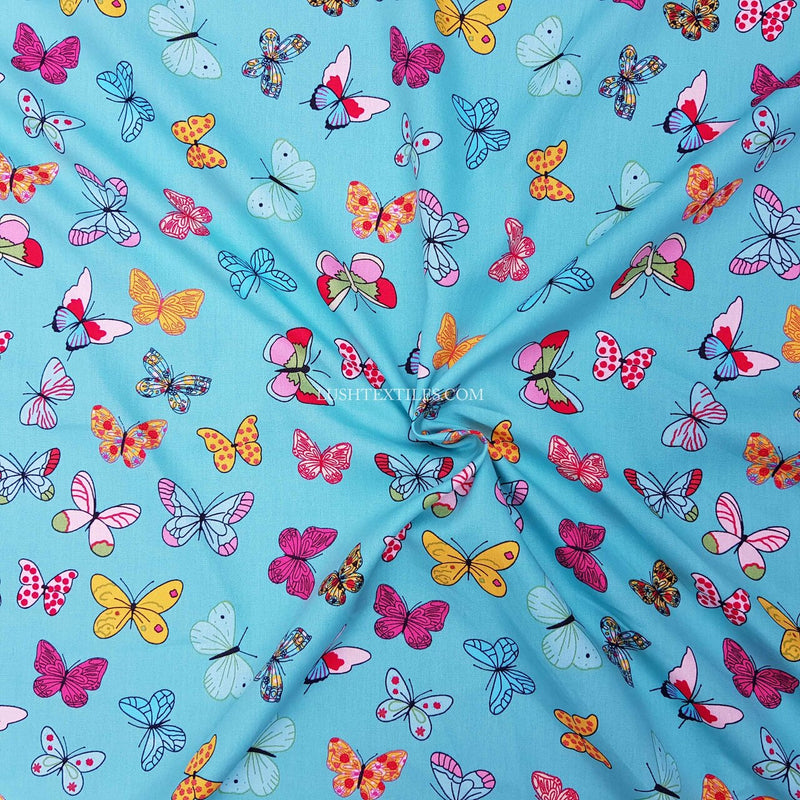 Colourful Butterflies Rose & Hubble Cotton Poplin Fabric, Mint