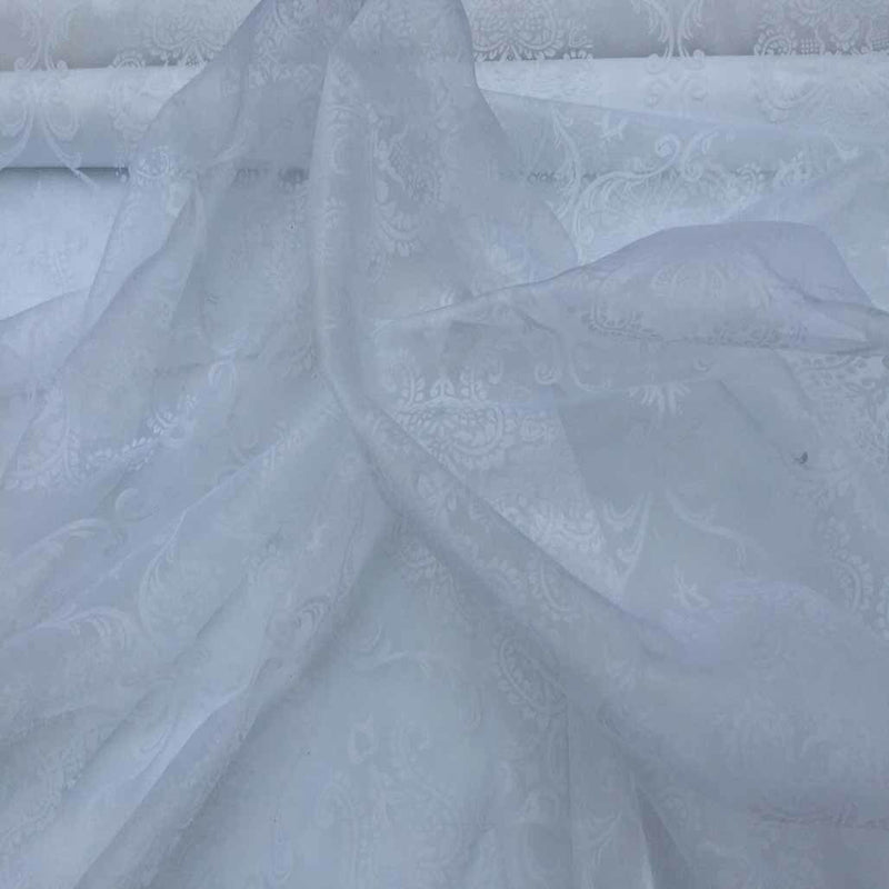 Damask 2 Velvet Flock Organza Net Voile Tissu, Blanc