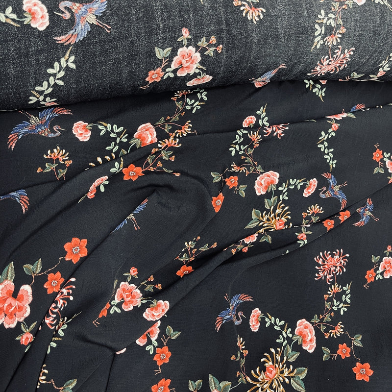 Bird Blossom Floral Viscose Marocaine Dress Fabric, Black