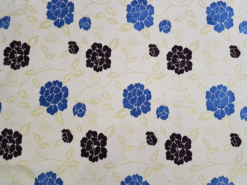 Blue And Brown Floral Upholstery Curtain Fabric - Cream