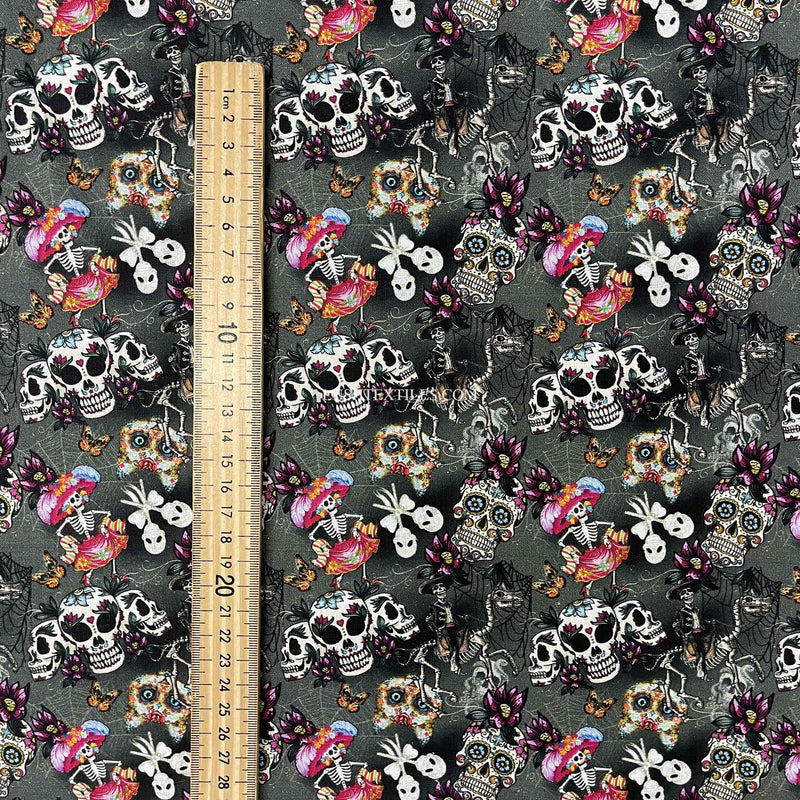 Day Of The Dead Digital Cotton Craft Fabric, Charcoal