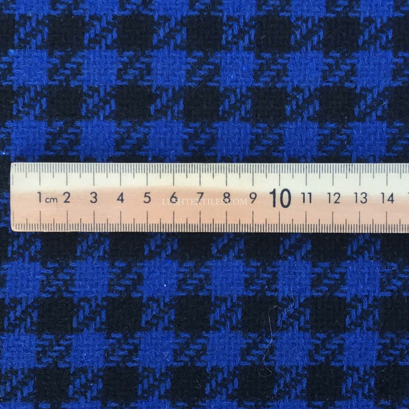 Black Houndstooth Check Tweed Wool Blend Fabric, Blue