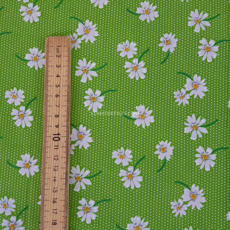 Tissu polycoton marguerites et pois, vert