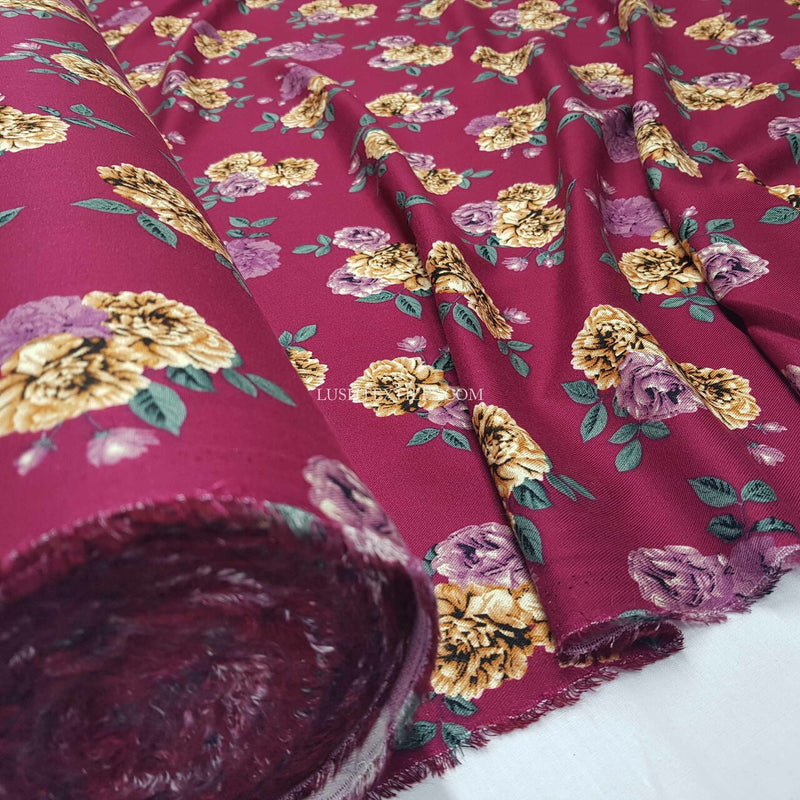 100% Viscose Floral Roses Dress Fabric, Wine