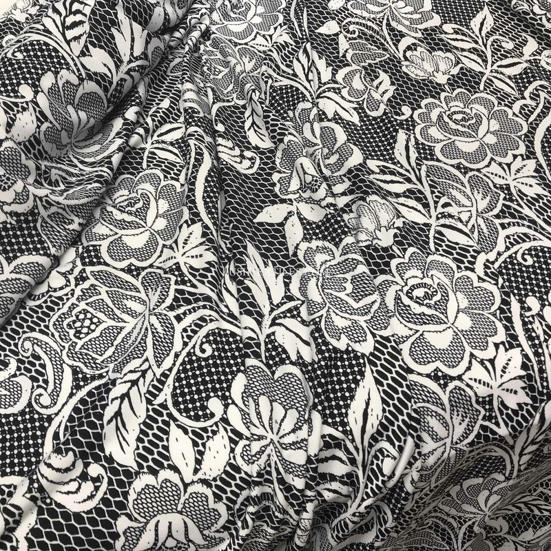 Tissu pour robe en lycra à fleurs florales, noir/blanc