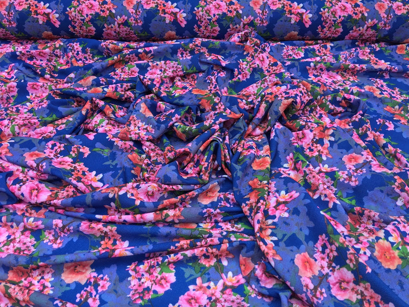 Blossom Floral Digital Print Bubble Crepe Dress Fabric, Blue