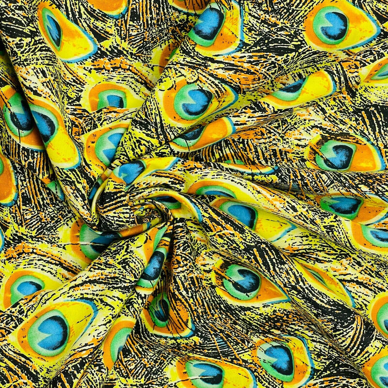 100% Cotton PEACOCK FEATHER Print Fabric Dress Quilting Patchwork Craft, Yellow