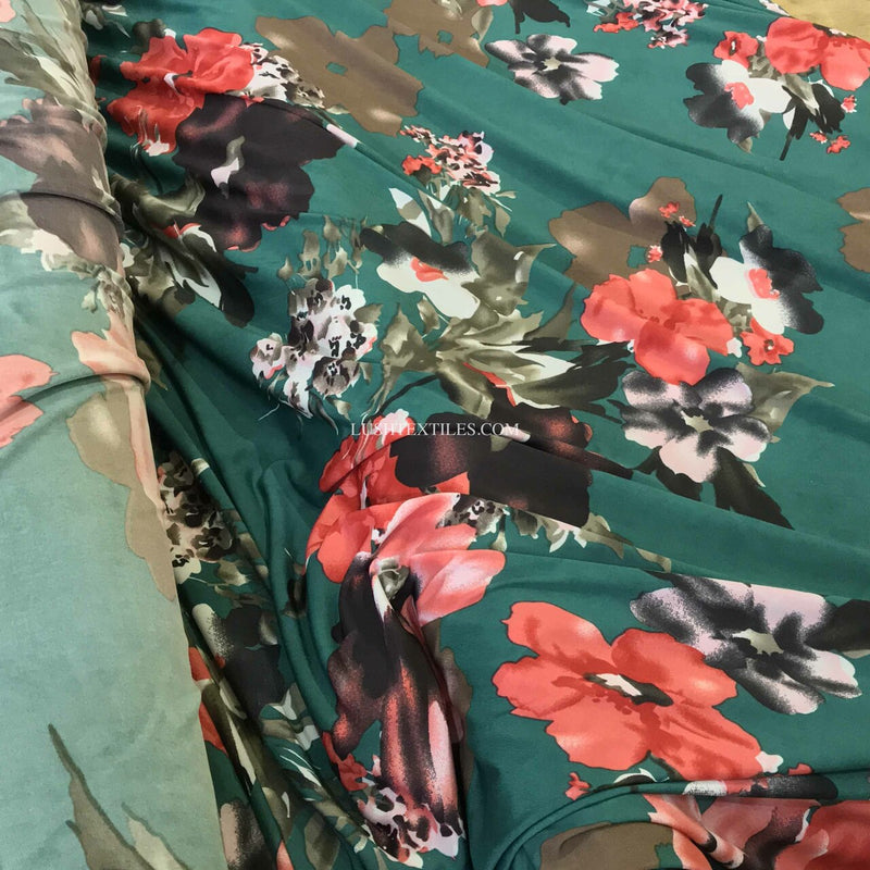 Floral Flowers Lycra Maxi Dress Fabric, Green