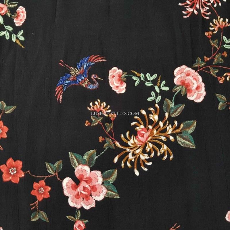 Bird Blossom Floral Viscose Marocaine Dress Fabric, Black