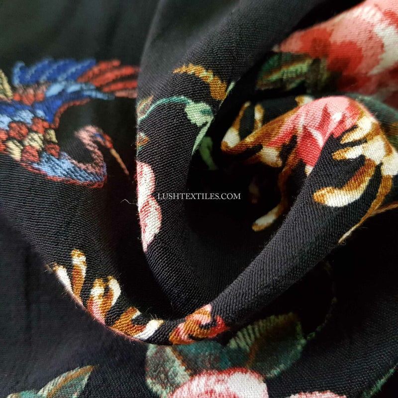 Tissu pour robe marocaine en viscose florale Bird Blossom, noir