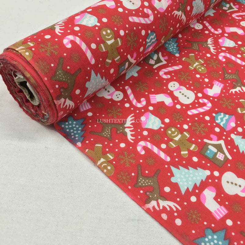 Christmas Party Polycotton Fabric, Red