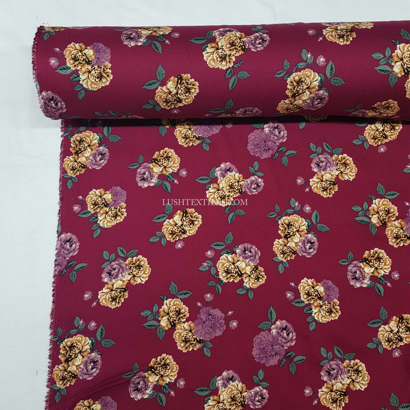 100% Viscose Floral Roses Dress Fabric, Wine