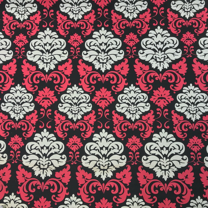 GlobalTex ORLY Cerise & Cream Damask On Black Cotton Fabric Curtain Upholstery