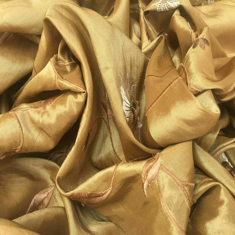 Embroidered Floral Taffeta Fabric, Gold