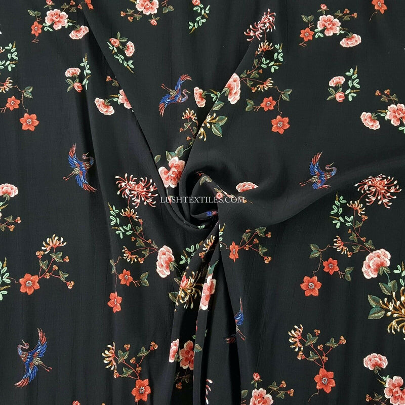 Birds MAROCAINE VISCOSE Summer Ballgown Dress Cape Fabric Crepe Floral, Black